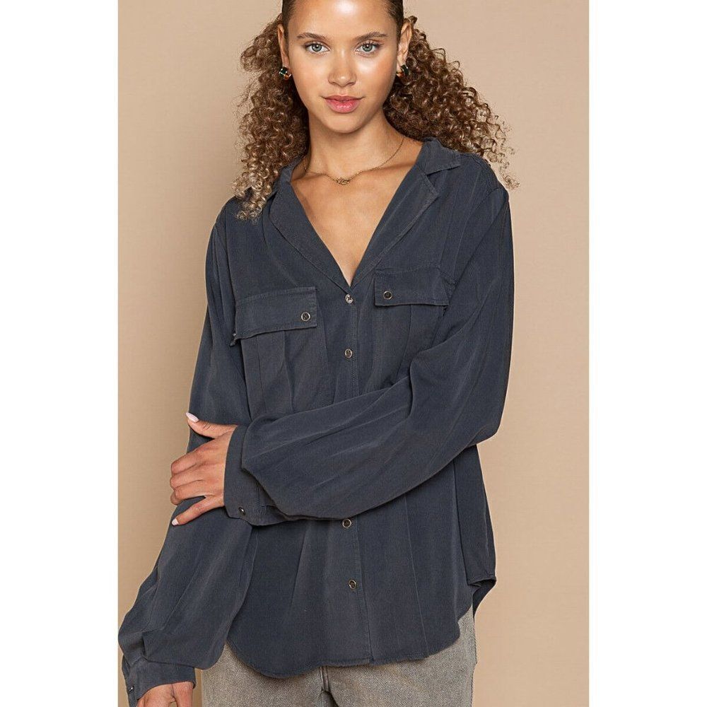 SALE! POL Button Up Dad Shirt Shacket Top Oversized Fit Charcoal SMT2054